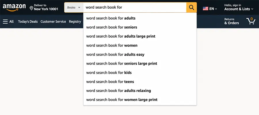 Amazon search bar with autocomplete suggestions visible for a puzzle book keyword showing niche variations
