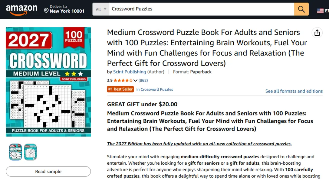 Amazon product listing showing orange Best Seller badge for a puzzle book in a niche sub-category