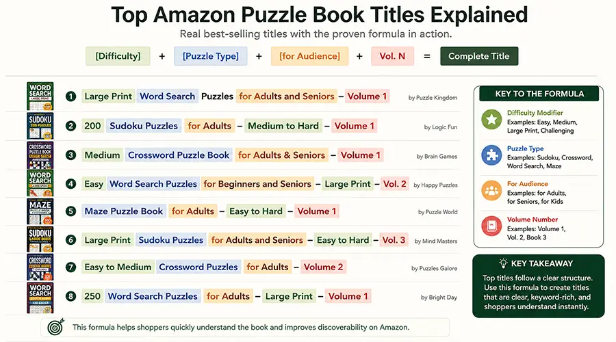 Analysis of top Amazon puzzle book titles showing recurring patterns in difficulty, audience, and volume number