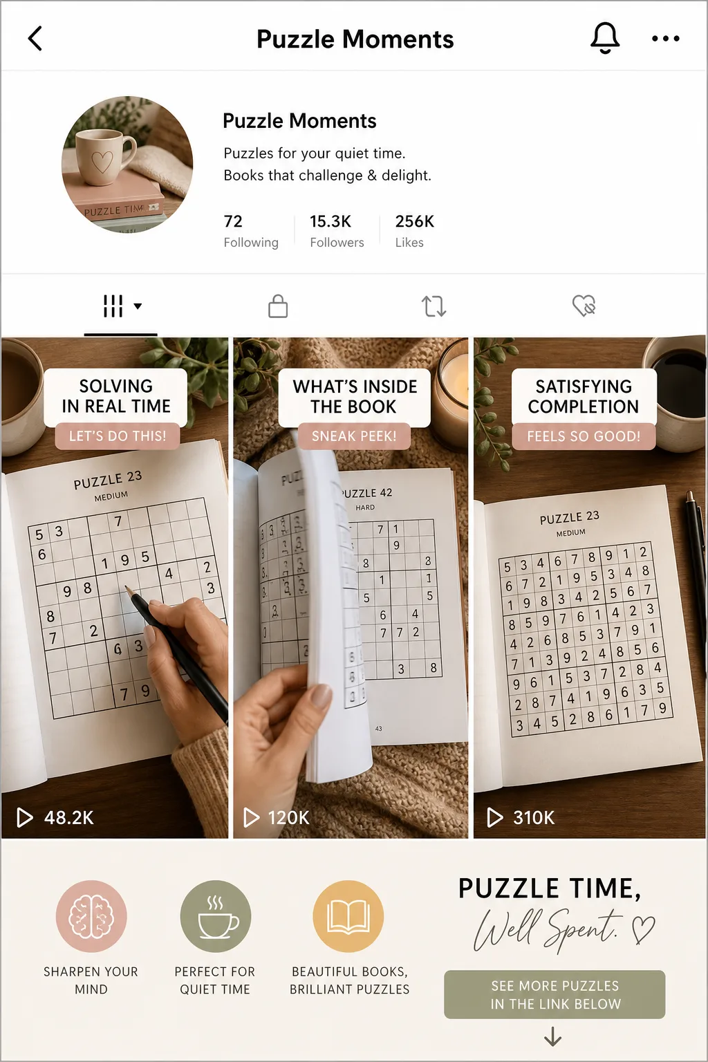 TikTok feed showing three puzzle book content examples with visible view counts and engagement