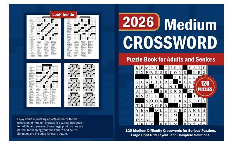 Full paperback wrap for a crossword puzzle book showing front cover, spine, and back cover at KDP print proportions