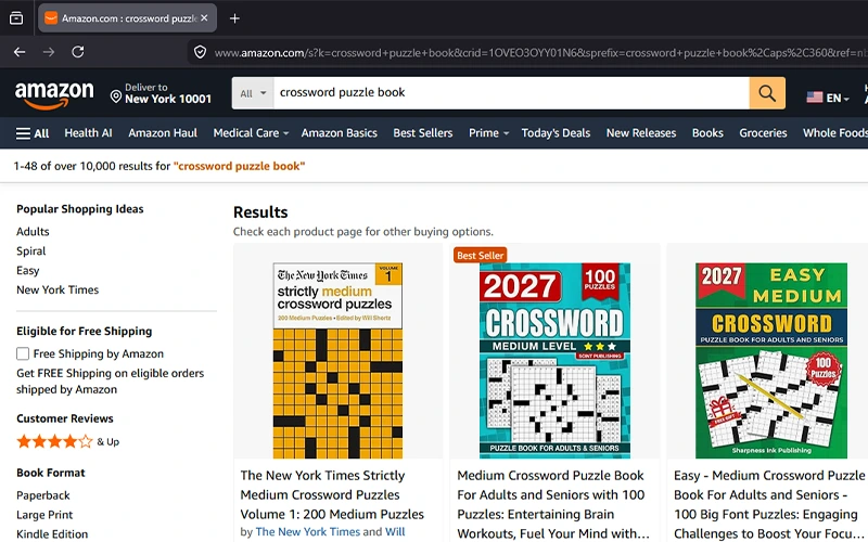 Amazon bestseller list showing crossword puzzle books in the Activity Books & Games category