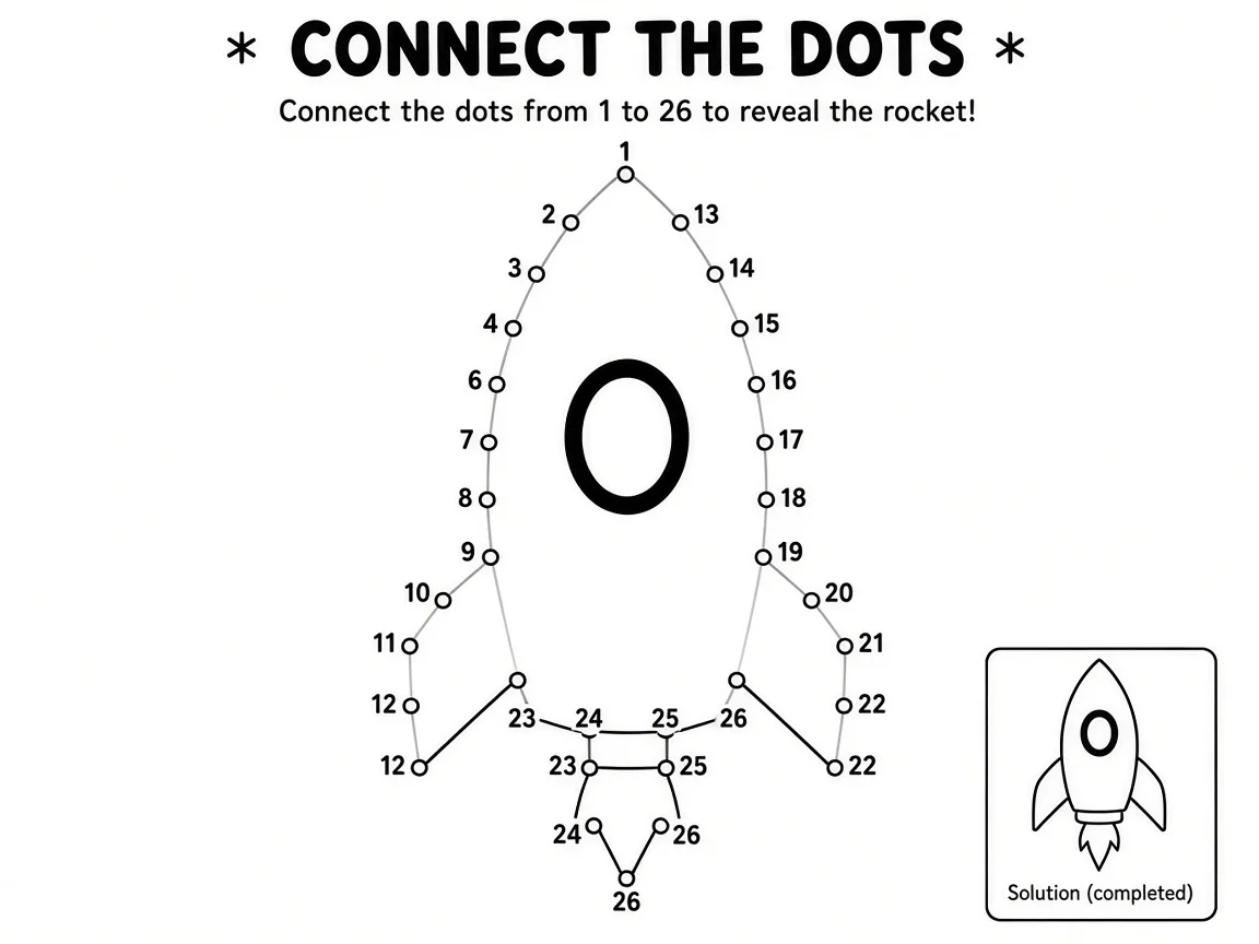 Connect-the-dots interior page with numbered dots forming a rocket outline and a small solution thumbnail