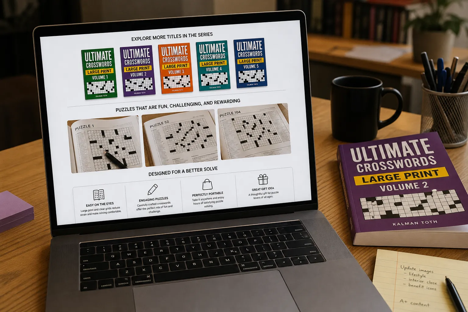 Amazon product page showing A+ Content modules for a puzzle book with interior images and feature highlights