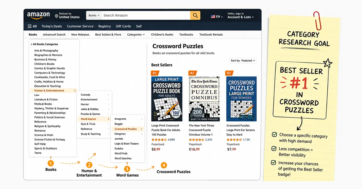 Amazon Books browse category tree showing the path from Books to Games & Puzzles to Crossword Puzzles