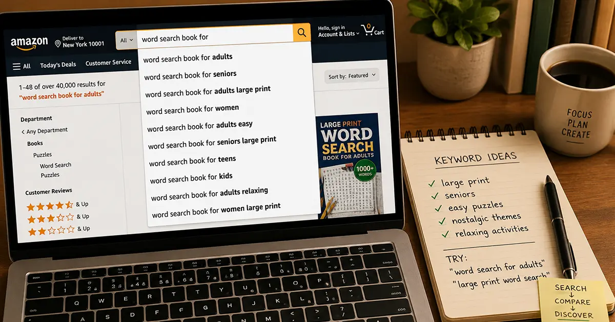 Amazon search bar showing autocomplete suggestions for low-content niche research with a notepad of keyword ideas nearby