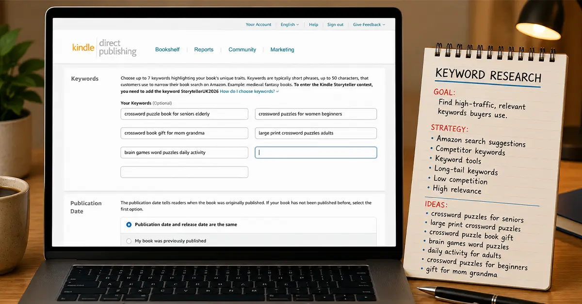 KDP dashboard showing backend keyword input fields being filled in for a puzzle book with research notes nearby