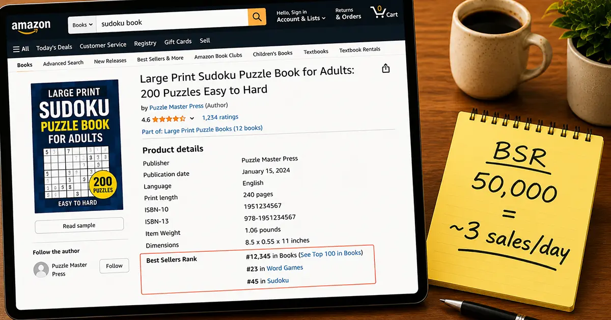 Amazon product page showing Best Sellers Rank for a puzzle book with a notepad showing BSR-to-sales conversion notes