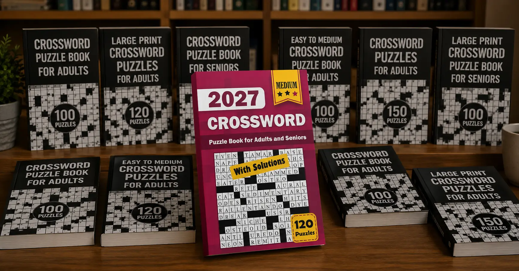 Crowded bookshelf showing many similar puzzle books with one clearly differentiated book standing out from the crowd
