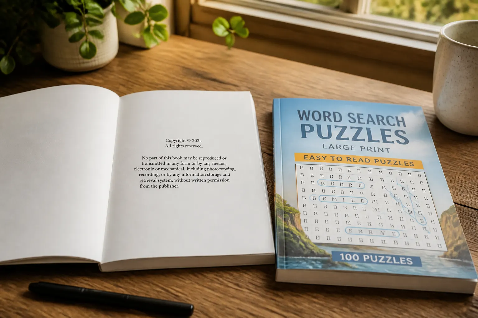 Open paperback showing a copyright page on a wooden desk next to a closed puzzle book