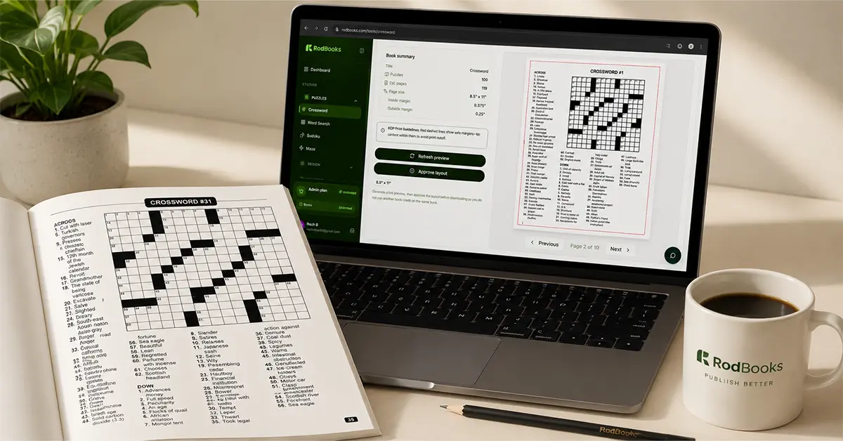 Open crossword puzzle book next to a laptop showing RodBooks crossword studio with a completed grid