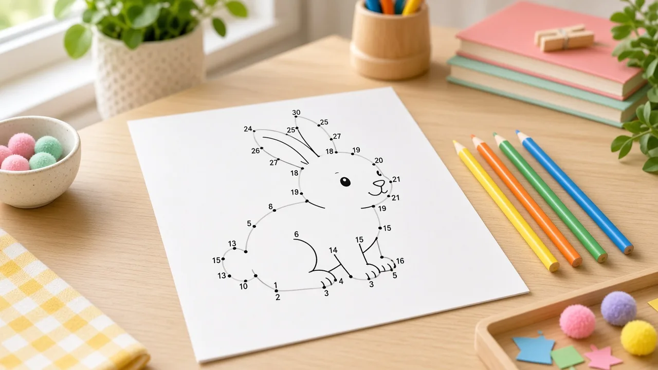 Open connect-the-dots kids activity book with numbered dots and colored pencils