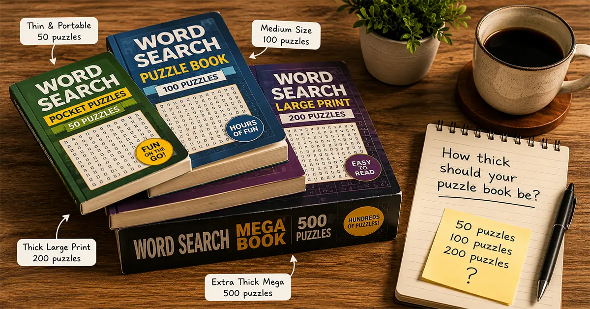 Stack of puzzle books with different thicknesses beside a notepad showing puzzle count planning notes
