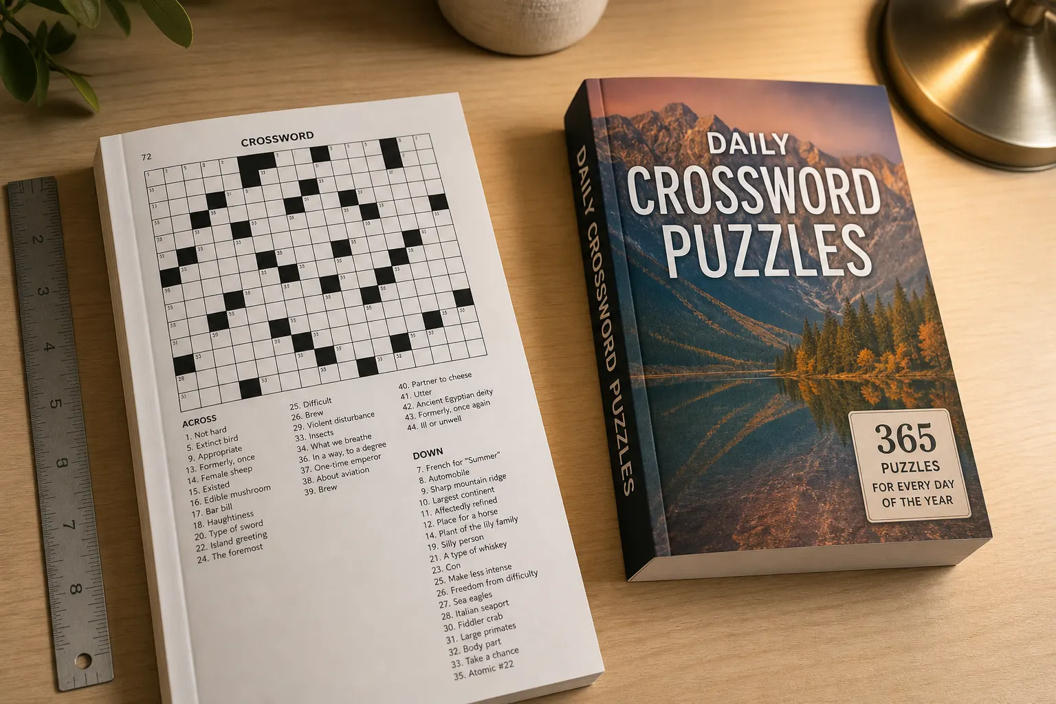 Printed puzzle paperbacks on a desk with a ruler along the page edge, showing trim and binding