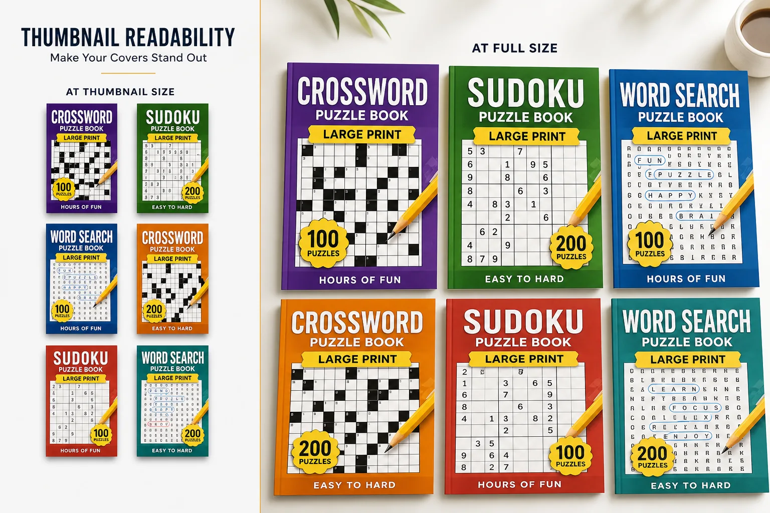 Grid of well-designed KDP puzzle book covers showing clear title hierarchy, difficulty labels, and thumbnail-readable design