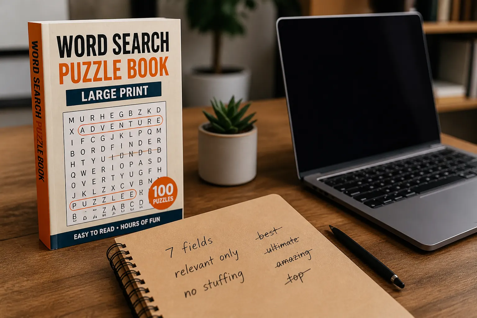 Puzzle paperback on a desk with a notebook listing seven keyword fields, relevance, and no stuffing