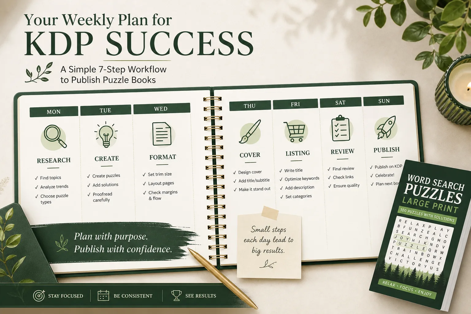 A 7-day calendar spread showing the KDP puzzle book publishing workflow from niche research to live listing
