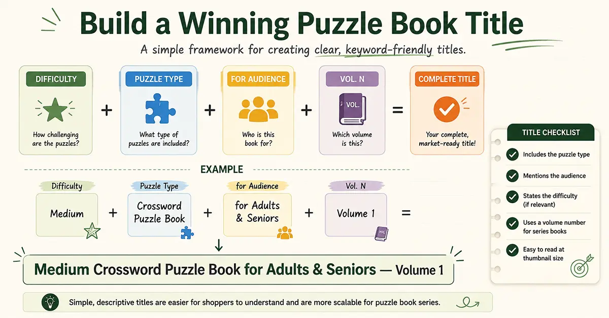 Whiteboard or notepad showing puzzle book title formulas with arrows connecting components like difficulty, audience, and volume