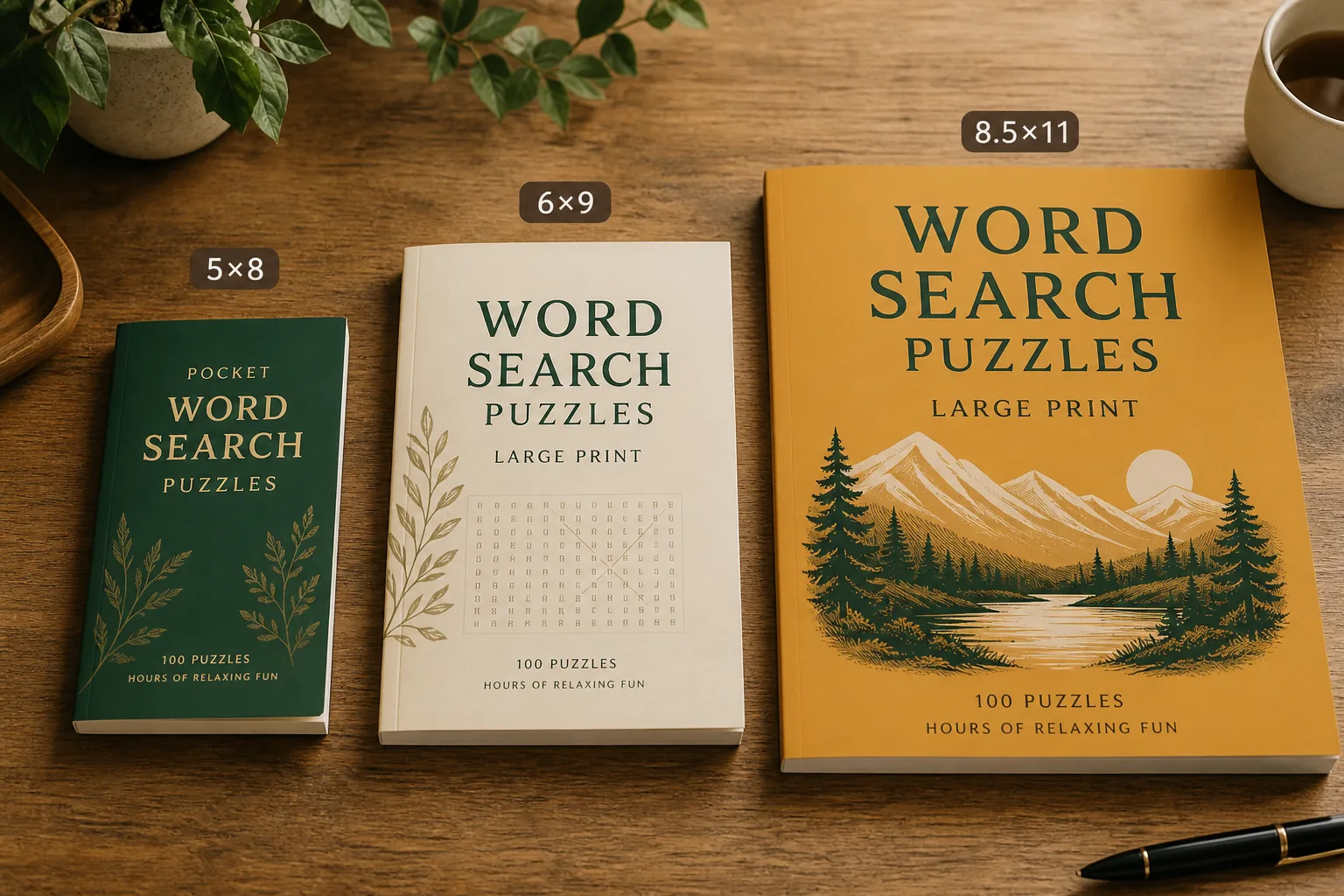 Three puzzle books in different trim sizes side by side showing 5x8, 6x9, and 8.5x11 KDP formats