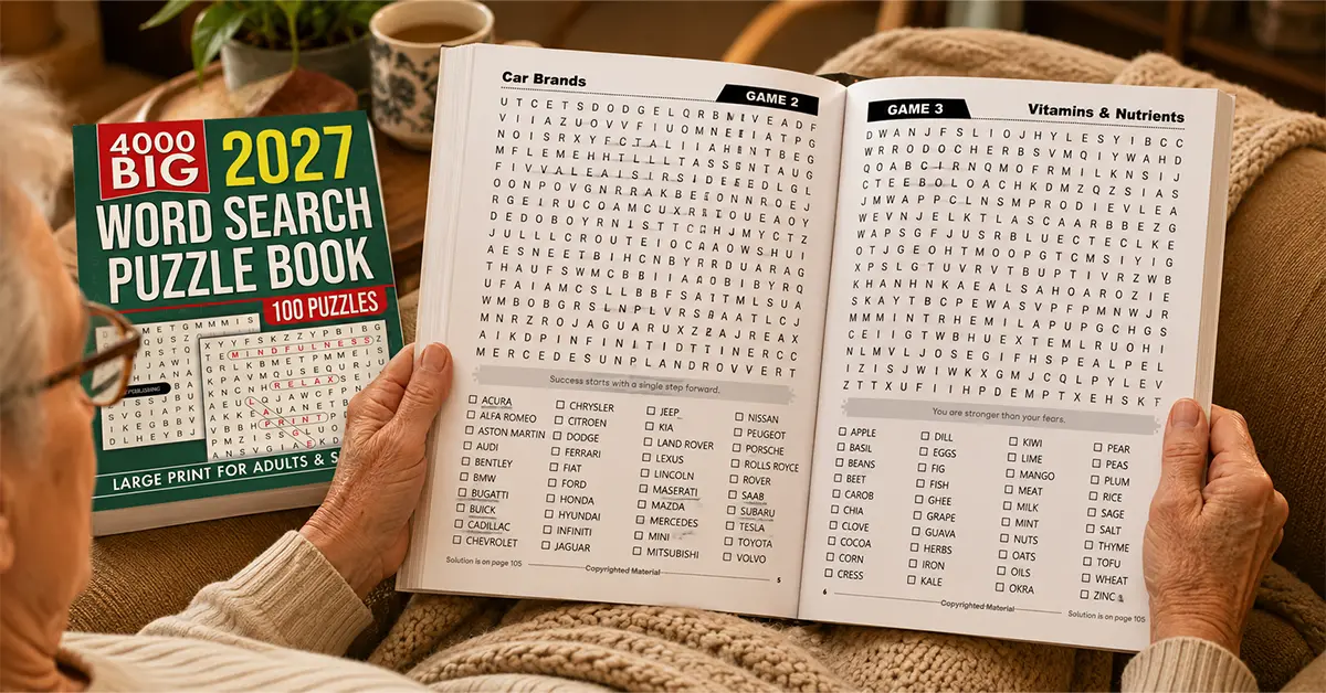 Elderly person's hands holding a large print word search book open to a clean, big-font puzzle page