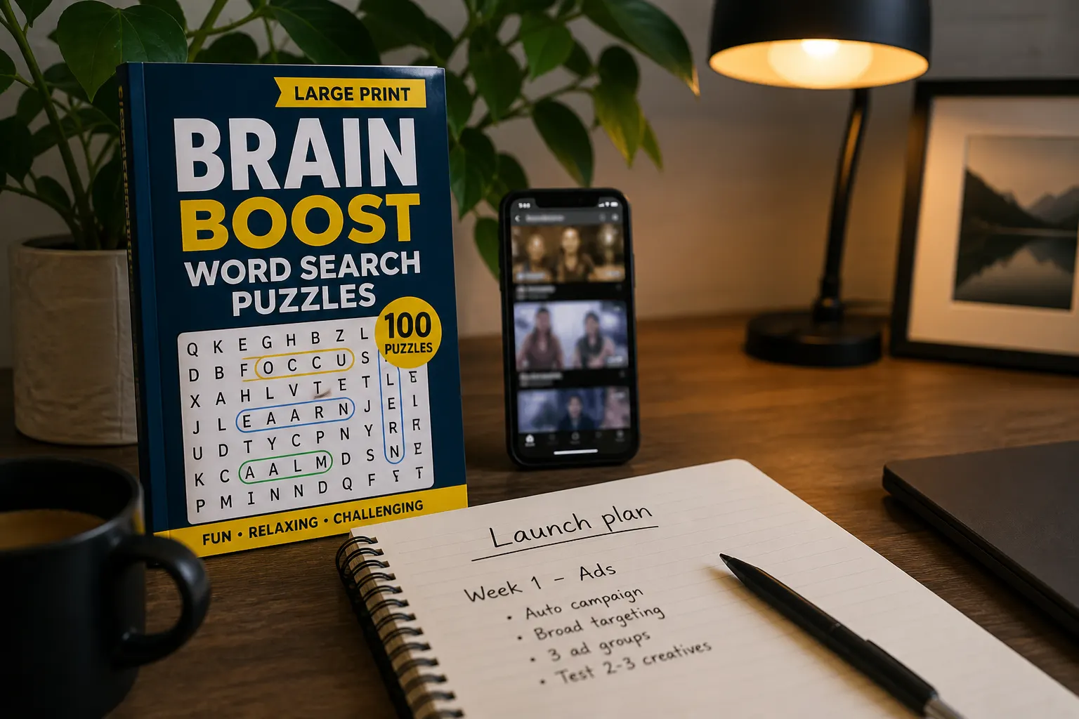 Puzzle paperback on a desk with a phone and a handwritten launch-plan notebook