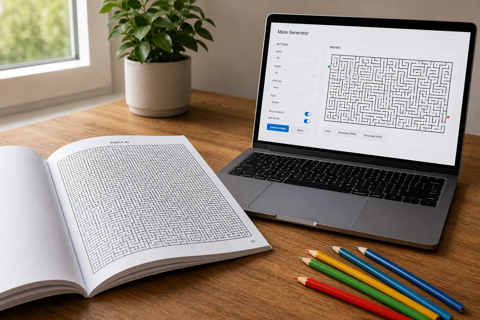 Open maze activity book showing a complex maze puzzle alongside a laptop displaying the RodBooks maze generator