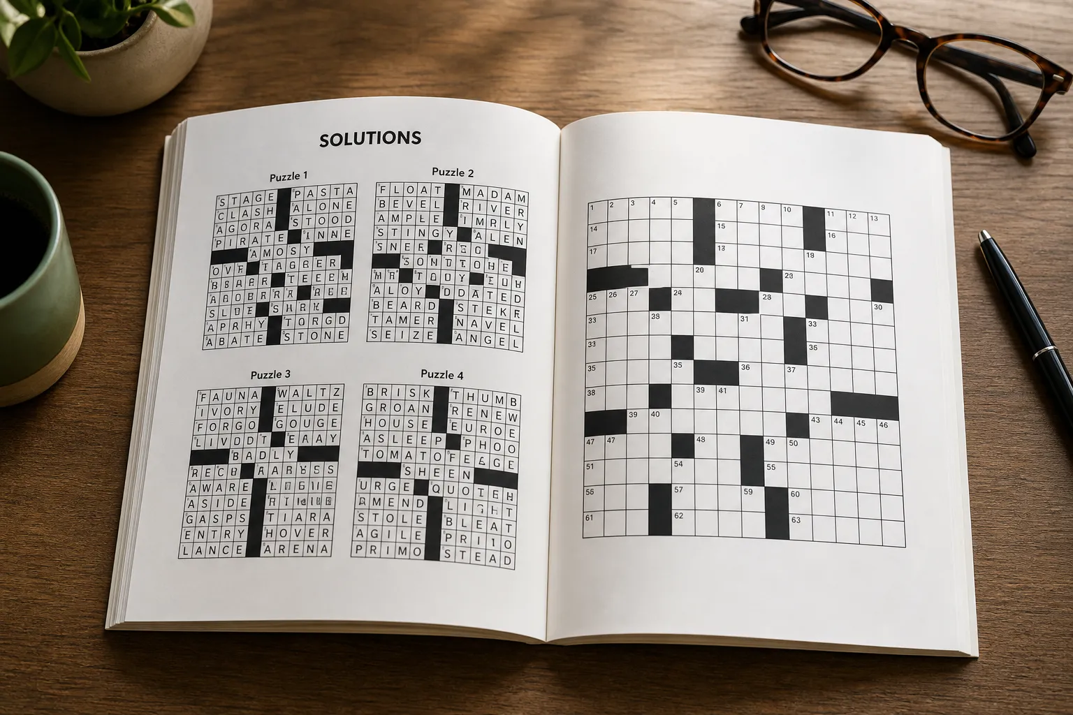 Open puzzle book showing a compact solutions section with multiple answer grids on a single page