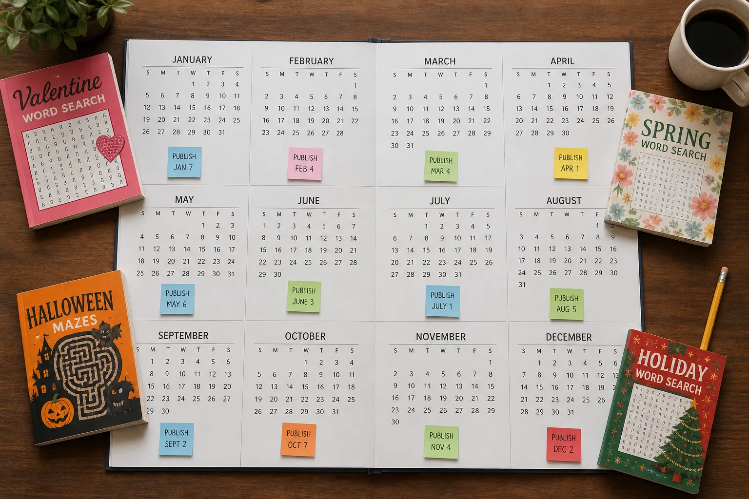 A 12-month publishing calendar spread on a desk with puzzle books for each season arranged around it
