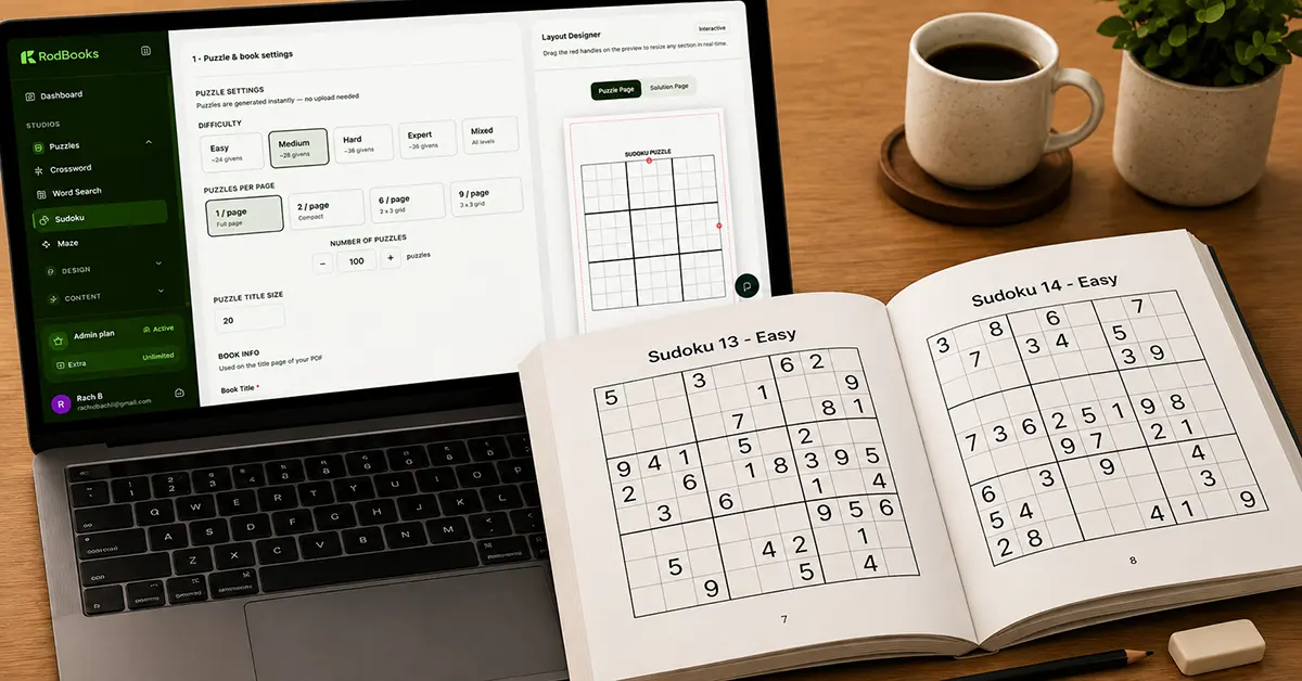 Printed sudoku puzzle book open to a 9x9 grid page beside a laptop showing RodBooks sudoku generator dashboard