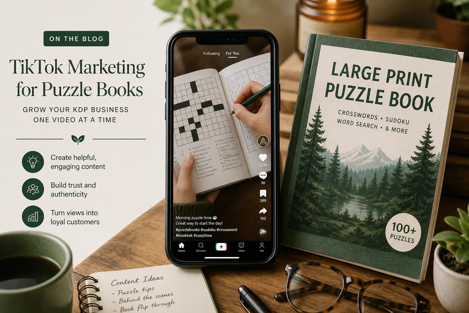 Phone screen showing a TikTok video of someone solving a puzzle book with engagement metrics visible