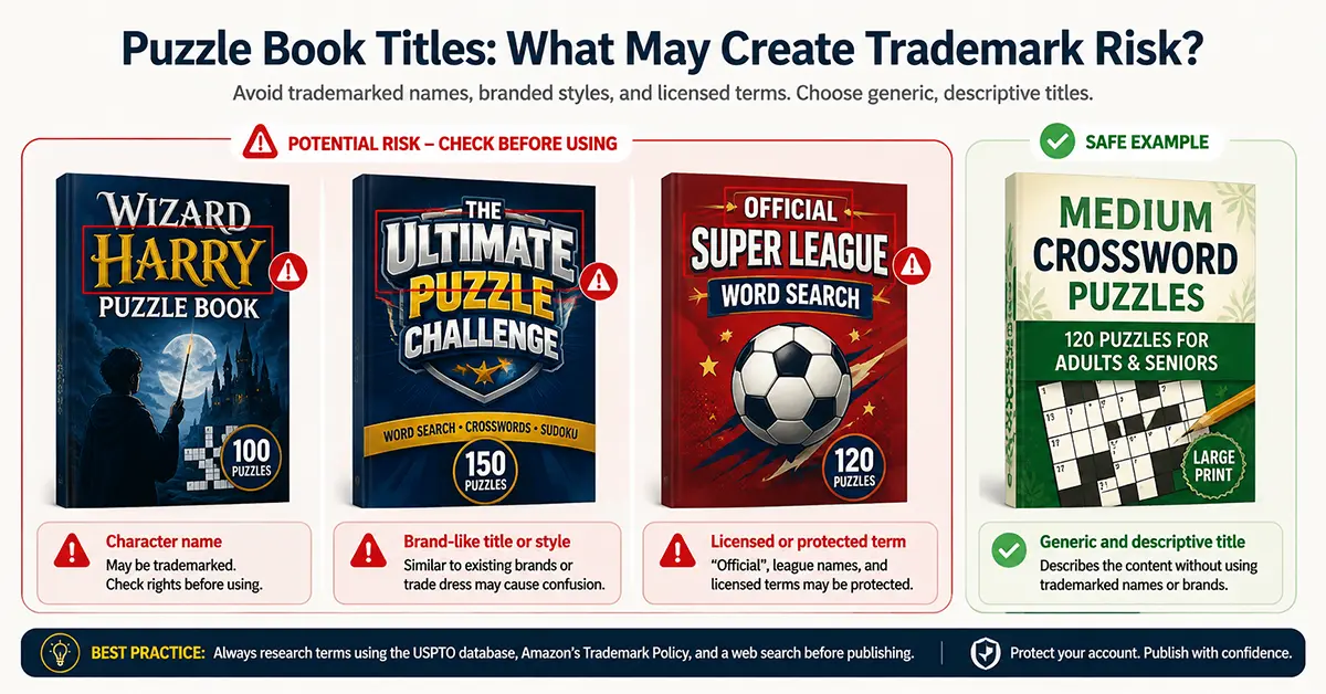 Puzzle book covers with a red warning overlay showing potential trademark issues in title and brand name choices