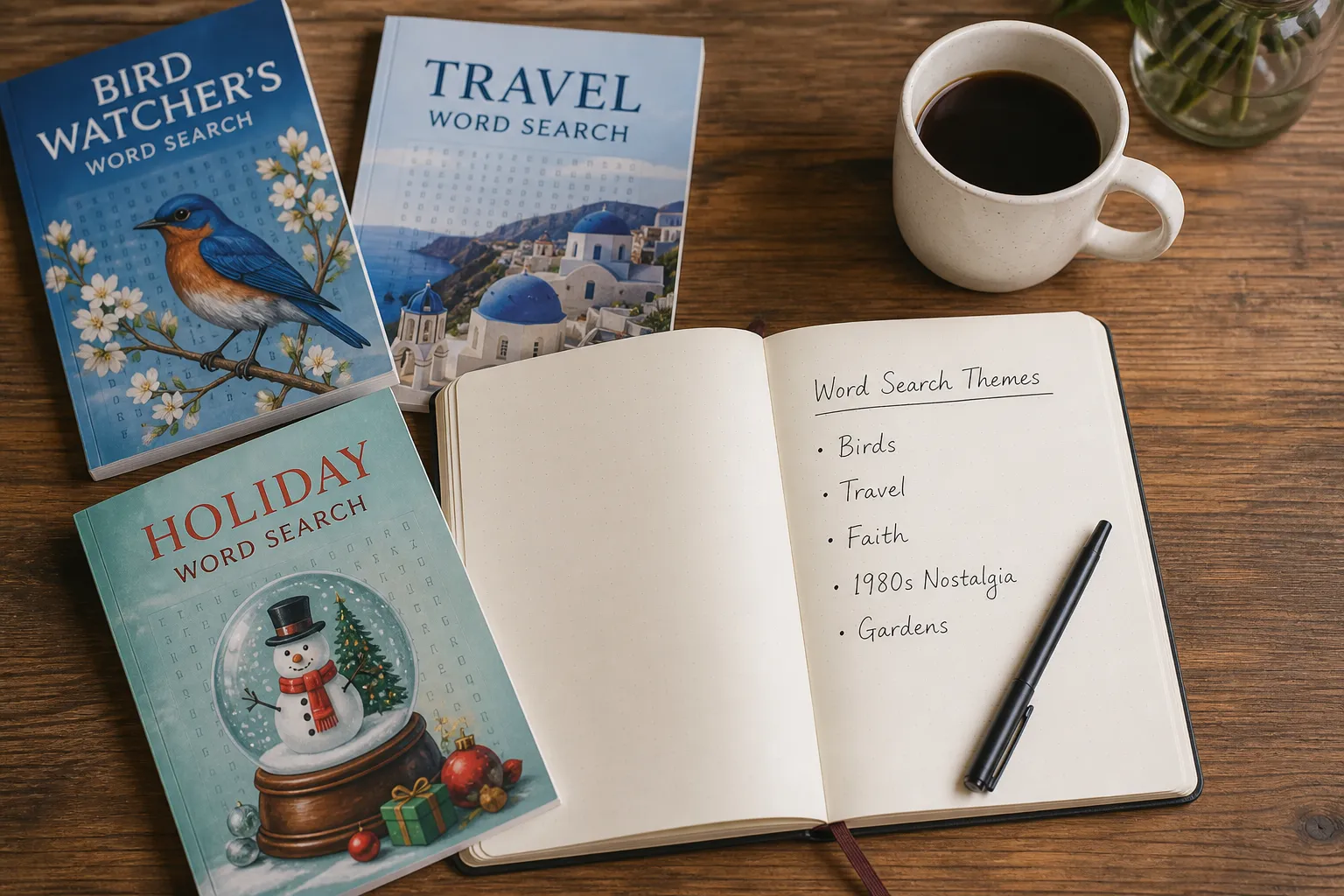 Notebook with handwritten theme ideas for puzzle books surrounded by various themed word search books