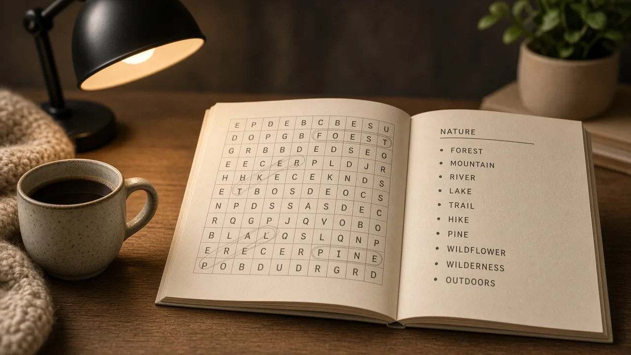 Open word search paperback with circled answers, word list, and a pen on a cozy desk