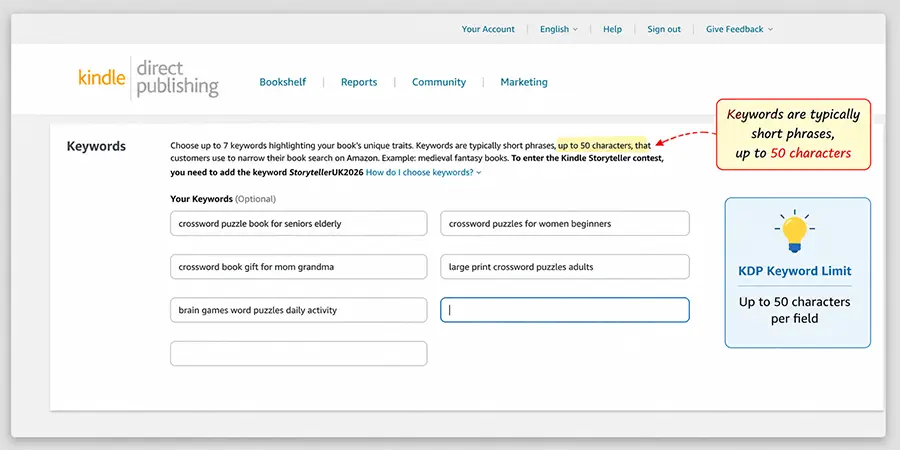 KDP book setup page showing the seven backend keyword input fields in the Keywords section
