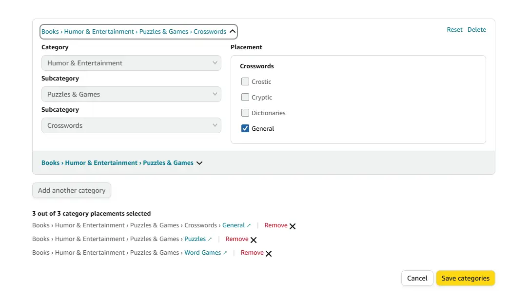 KDP book setup form showing the two category selection fields in the Book Details step