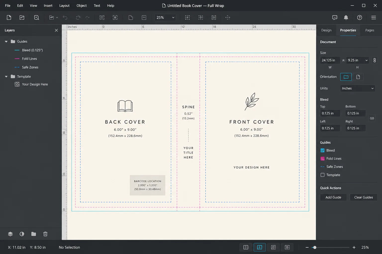 Design software canvas showing KDP full-wrap cover setup with guide lines for spine, bleed, and safe zones