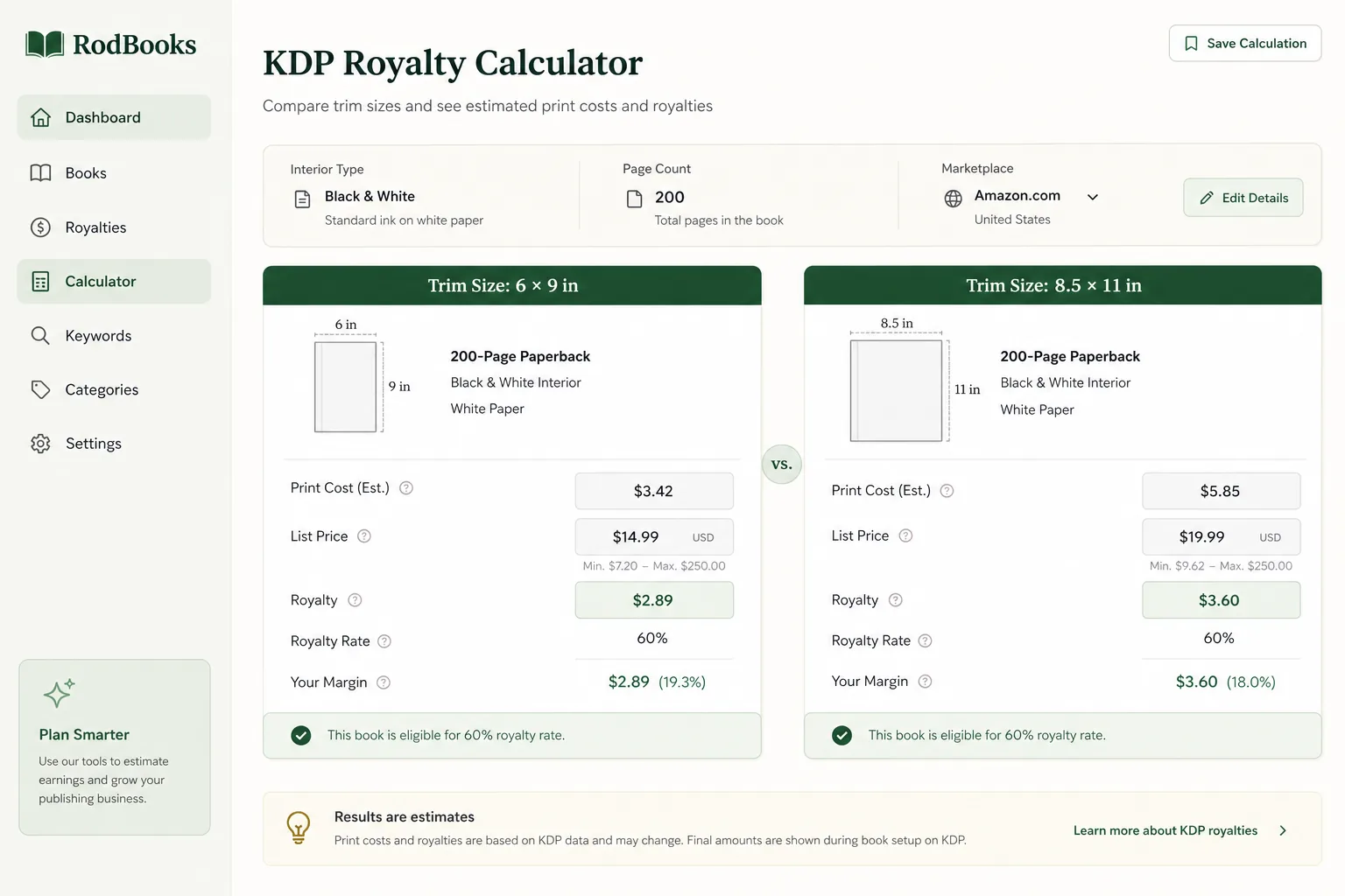 Diagram comparing KDP royalty and print cost outcomes across trim sizes and page counts
