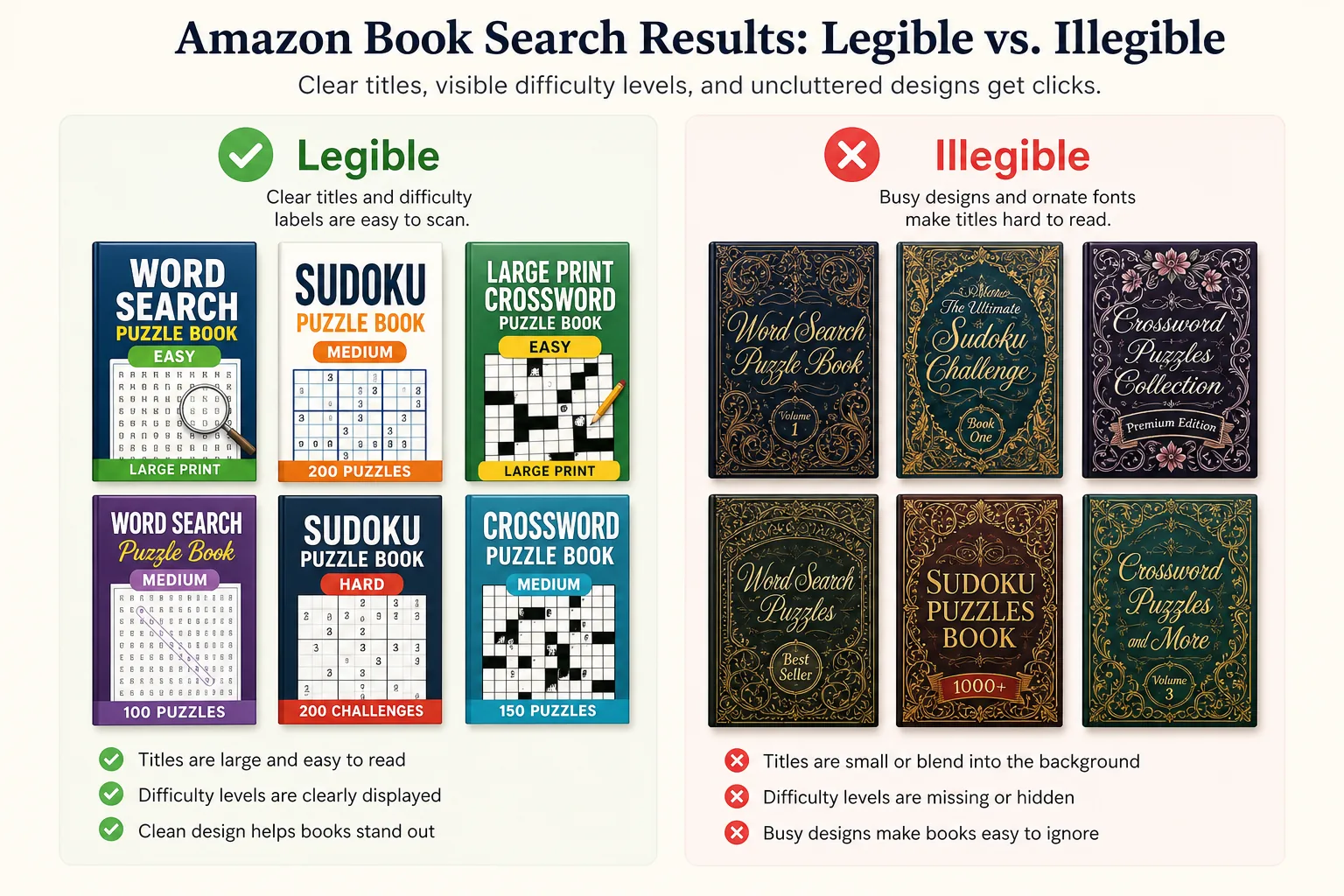 Amazon search results showing puzzle book thumbnails at actual display size with legible vs illegible cover examples