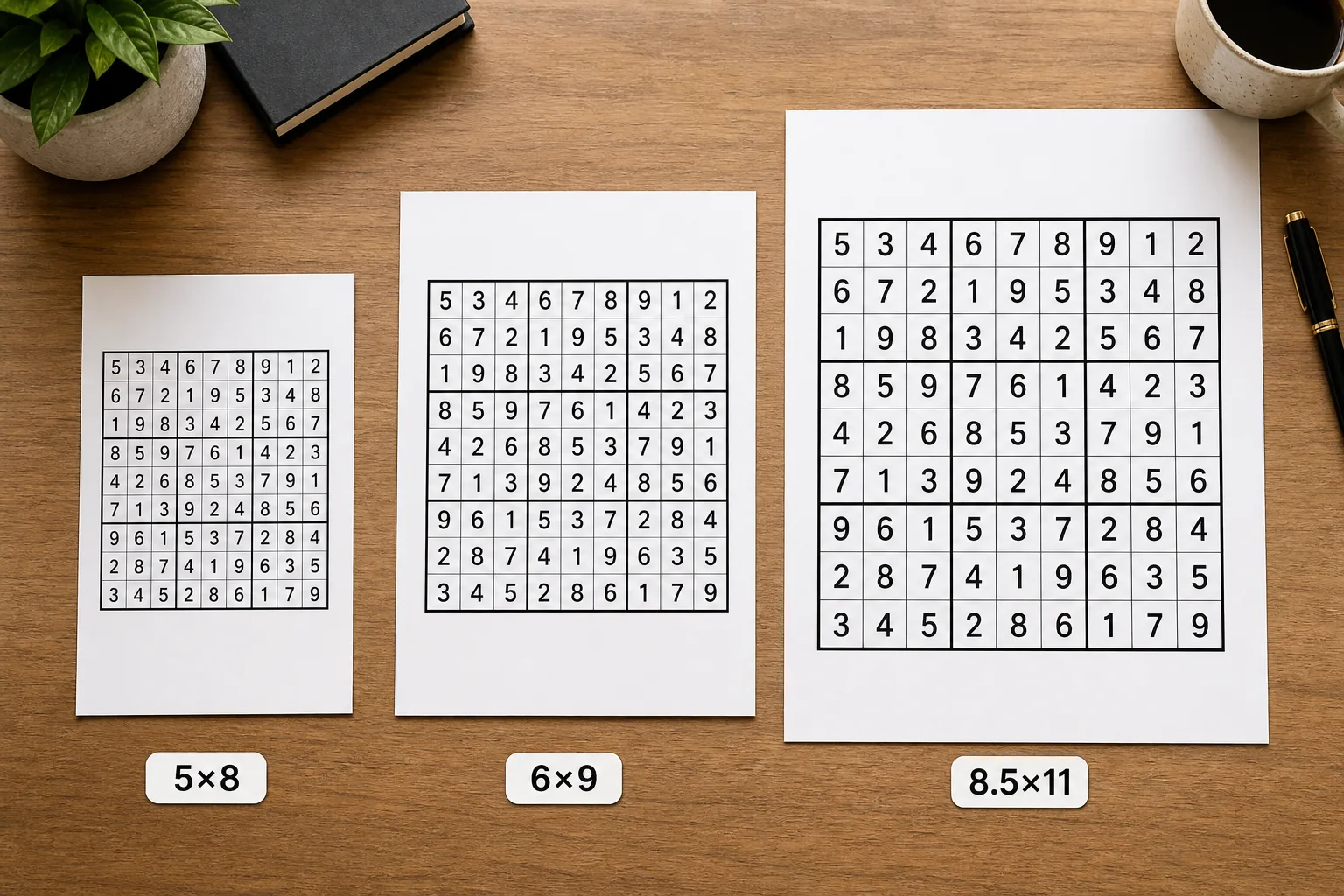 Side-by-side comparison of a sudoku grid at 5x8, 6x9, and 8.5x11 KDP trim sizes showing readability differences