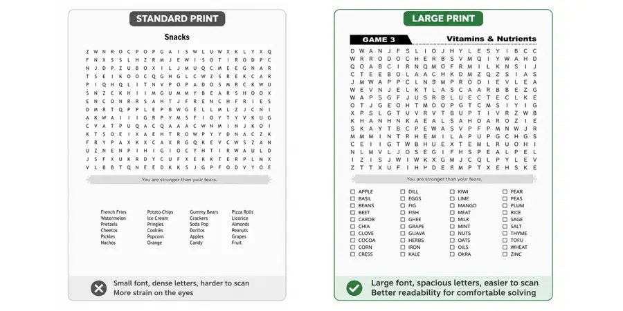 Side-by-side comparison of a standard word search grid and a large print word search grid showing font size difference