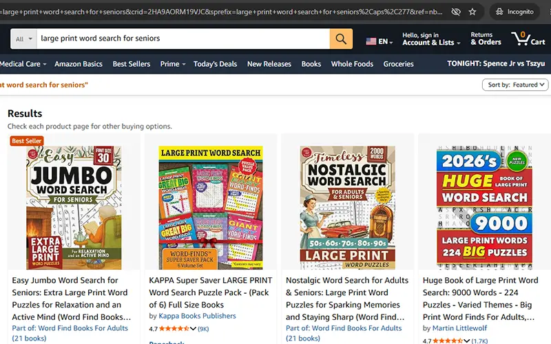 Amazon search results showing large print word search books for seniors with bestseller rankings