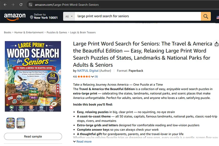 Amazon product listing for a large print word search book for seniors showing title, description, and A+ content