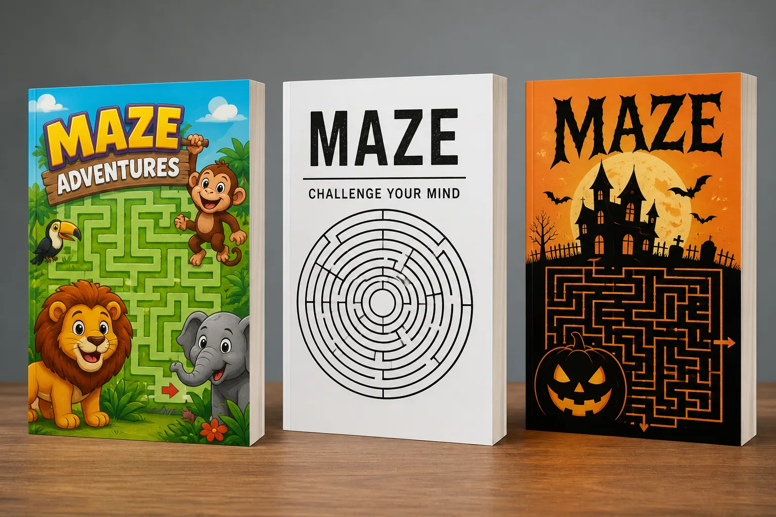 Three maze activity book covers showing kid-friendly colorful design, adult hard maze, and themed Halloween maze