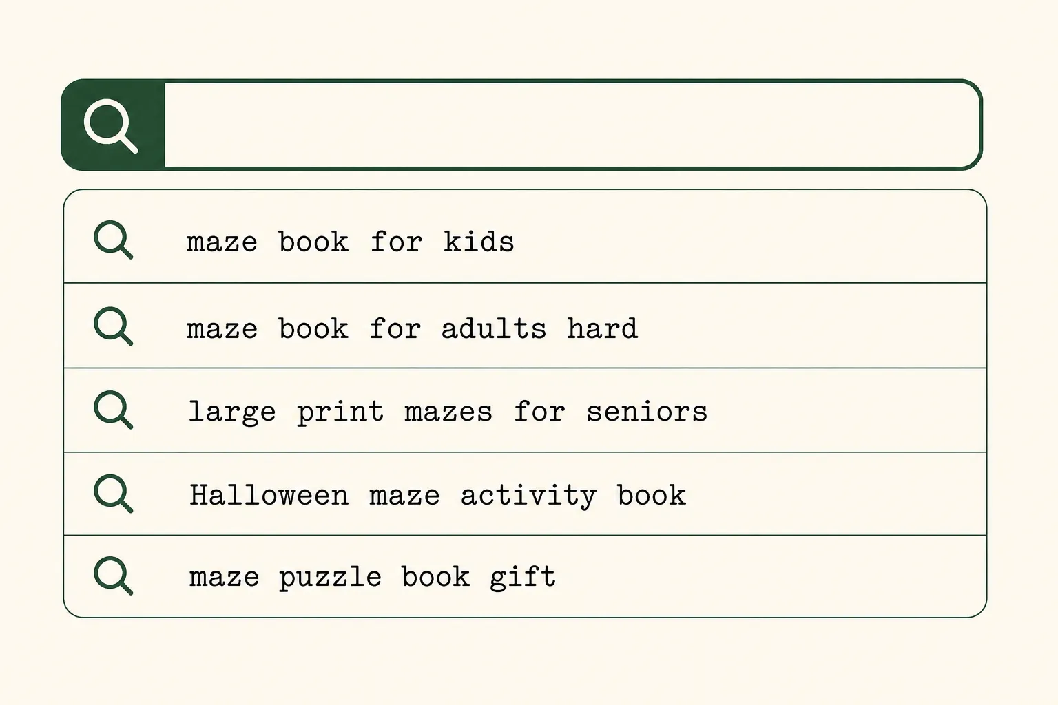 Amazon search showing maze activity book variations including for kids, for adults, and themed options