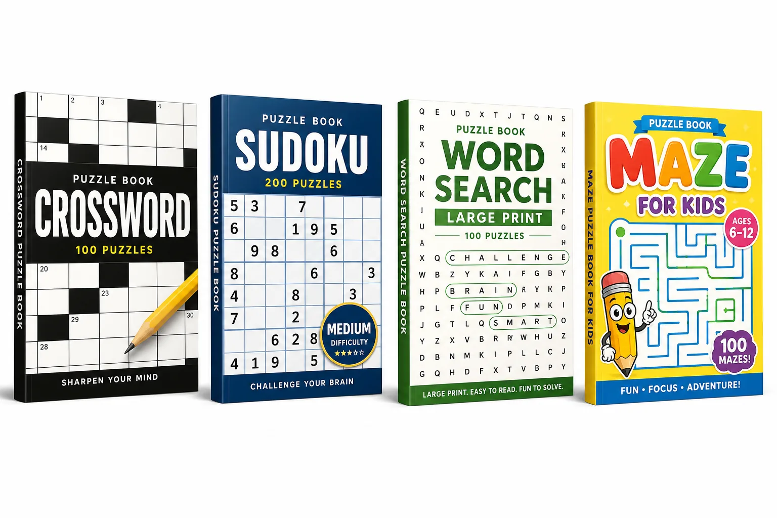 Four puzzle book cover examples showing design conventions for crossword, sudoku, word search, and maze books