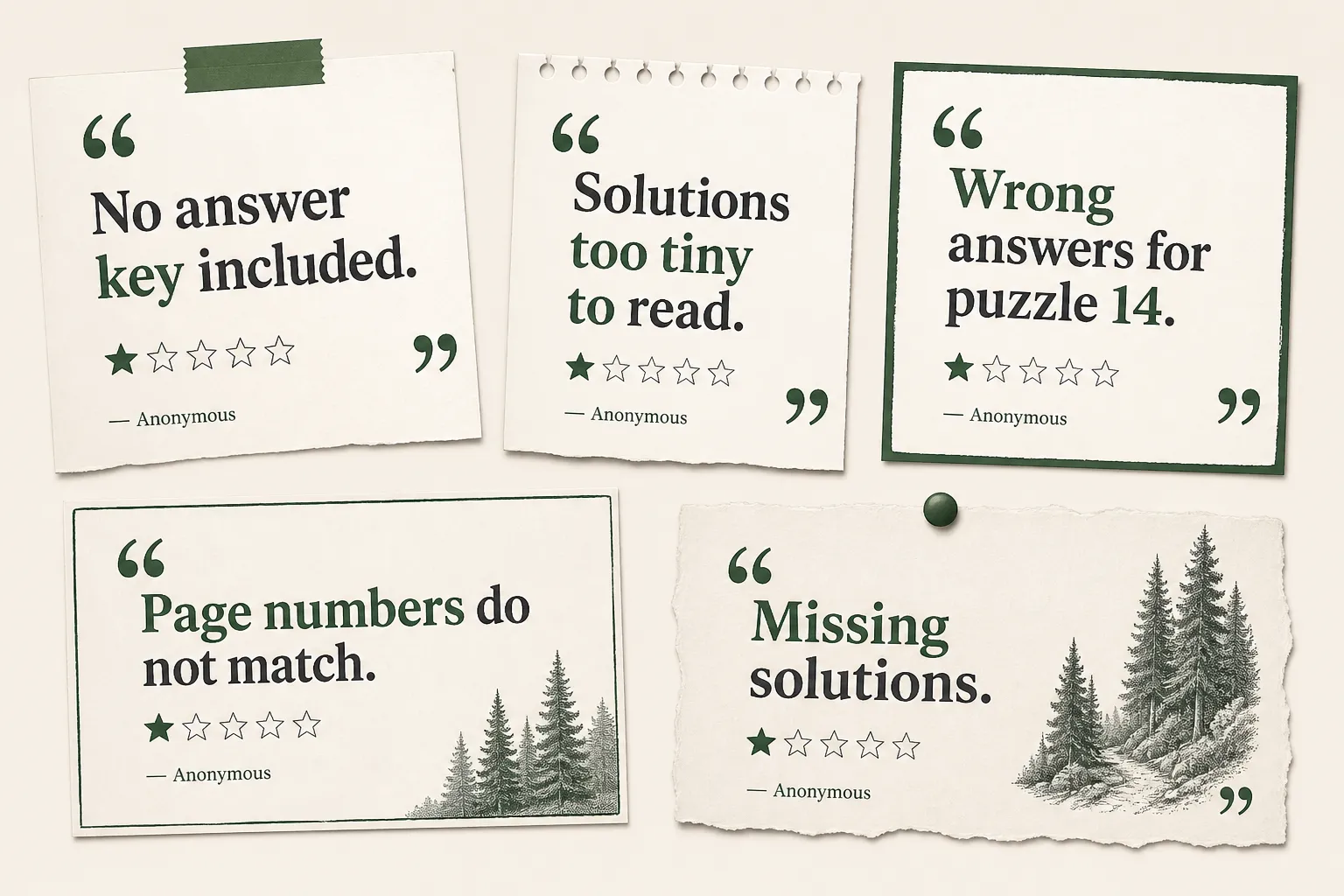 Amazon review screenshots showing common buyer complaints about missing or illegible puzzle book solutions