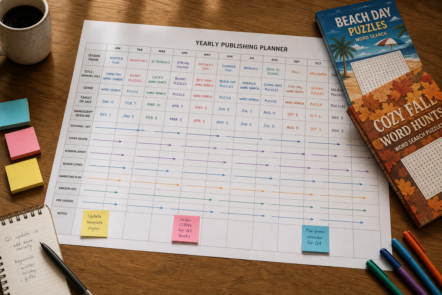 RodBooks KDP Calendar tool showing seasonal publishing schedule with lead time indicators