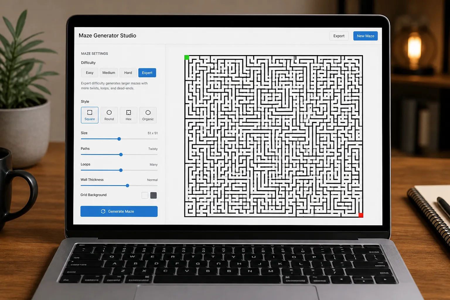RodBooks maze generator showing a complex maze with difficulty settings and book configuration panel