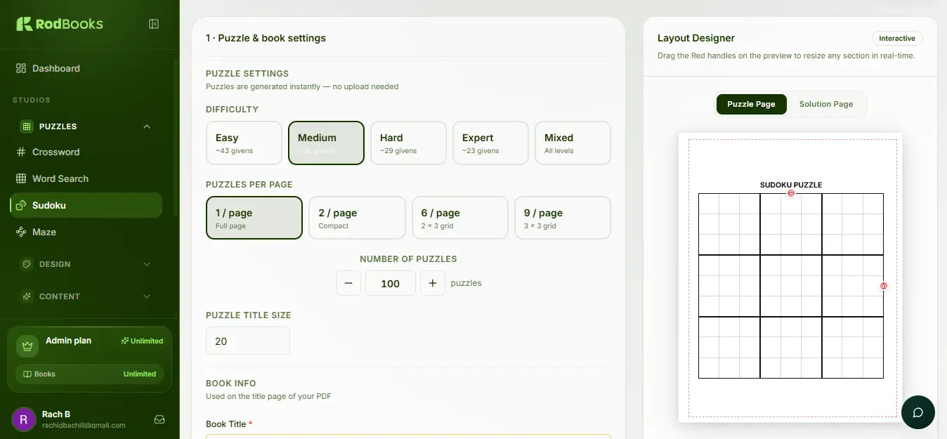 RodBooks sudoku generator dashboard with batch puzzle export