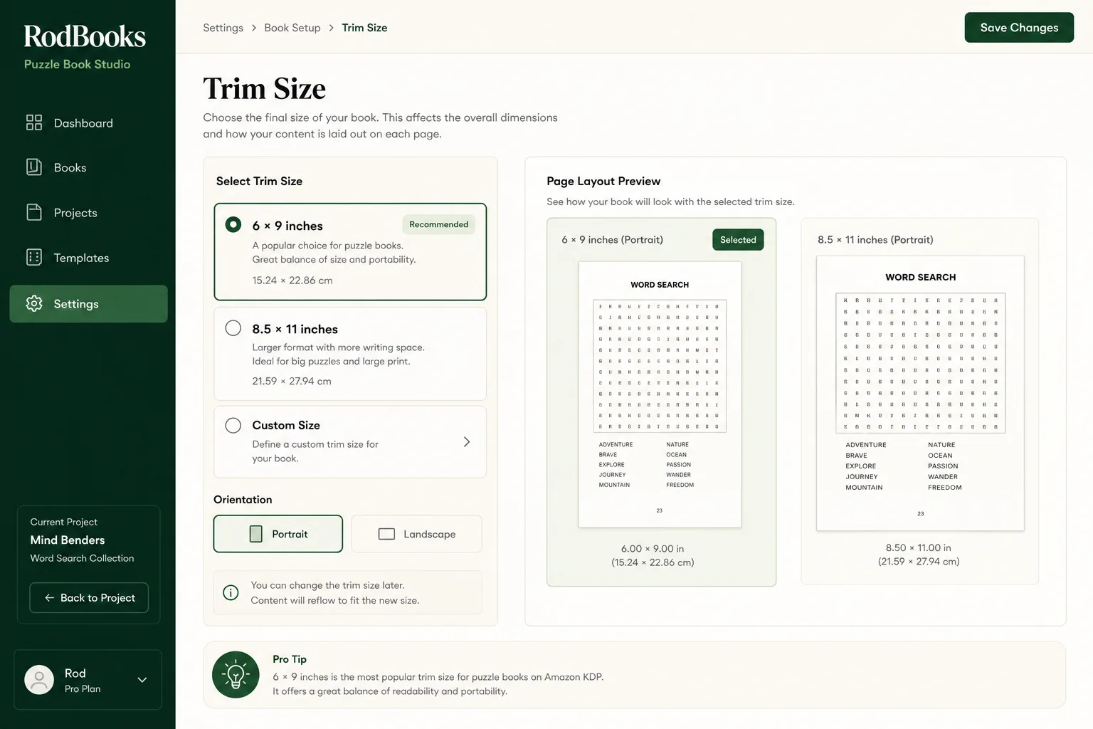 RodBooks trim size and page settings before generating a KDP interior